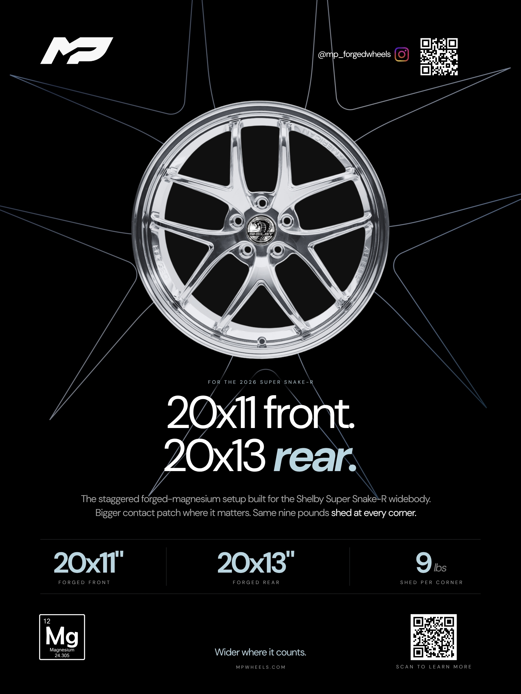 MP Wheels poster — 20x11 front, 20x13 rear staggered setup