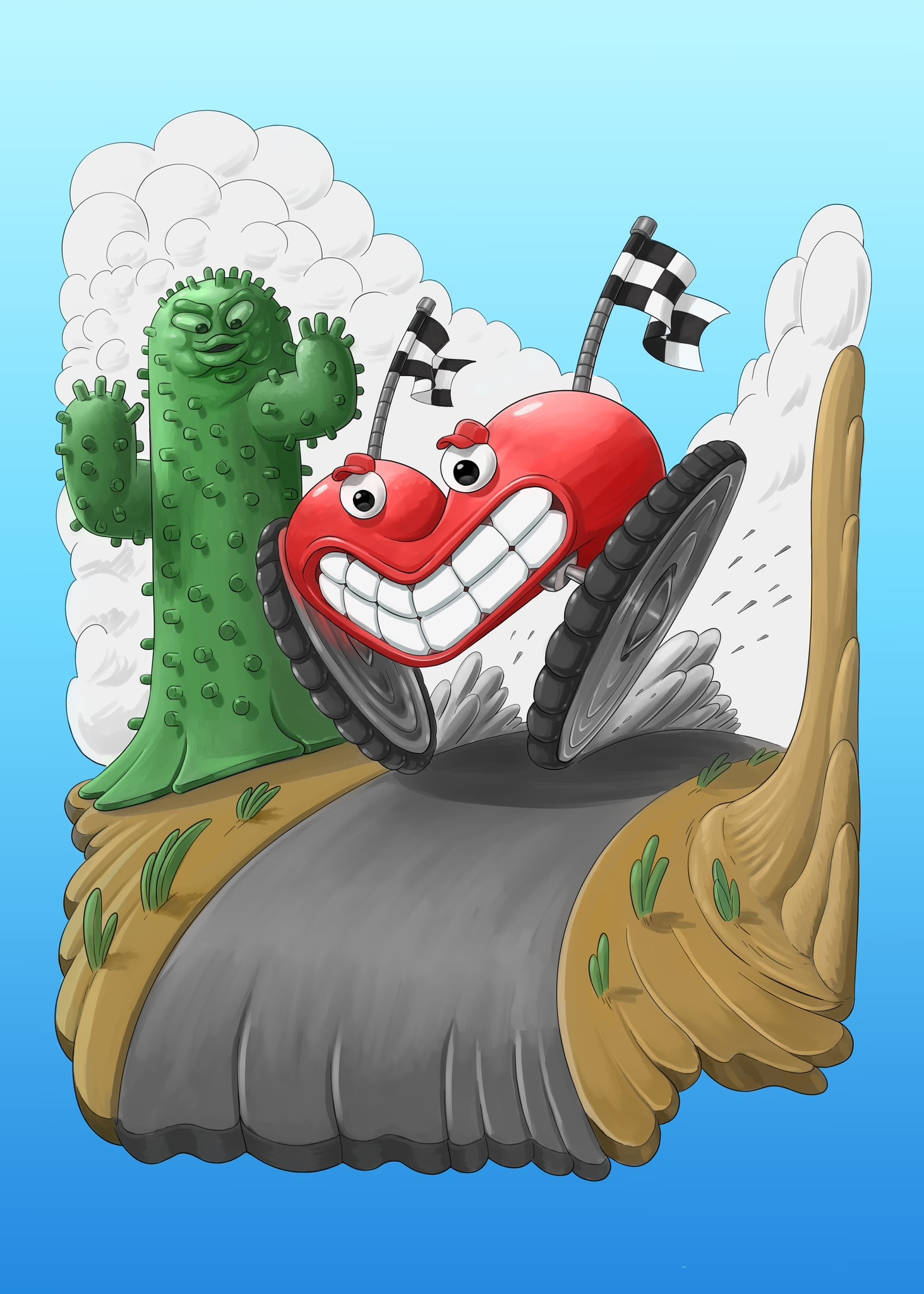 Race — illustration of a red car character and a green cactus racing past clouds