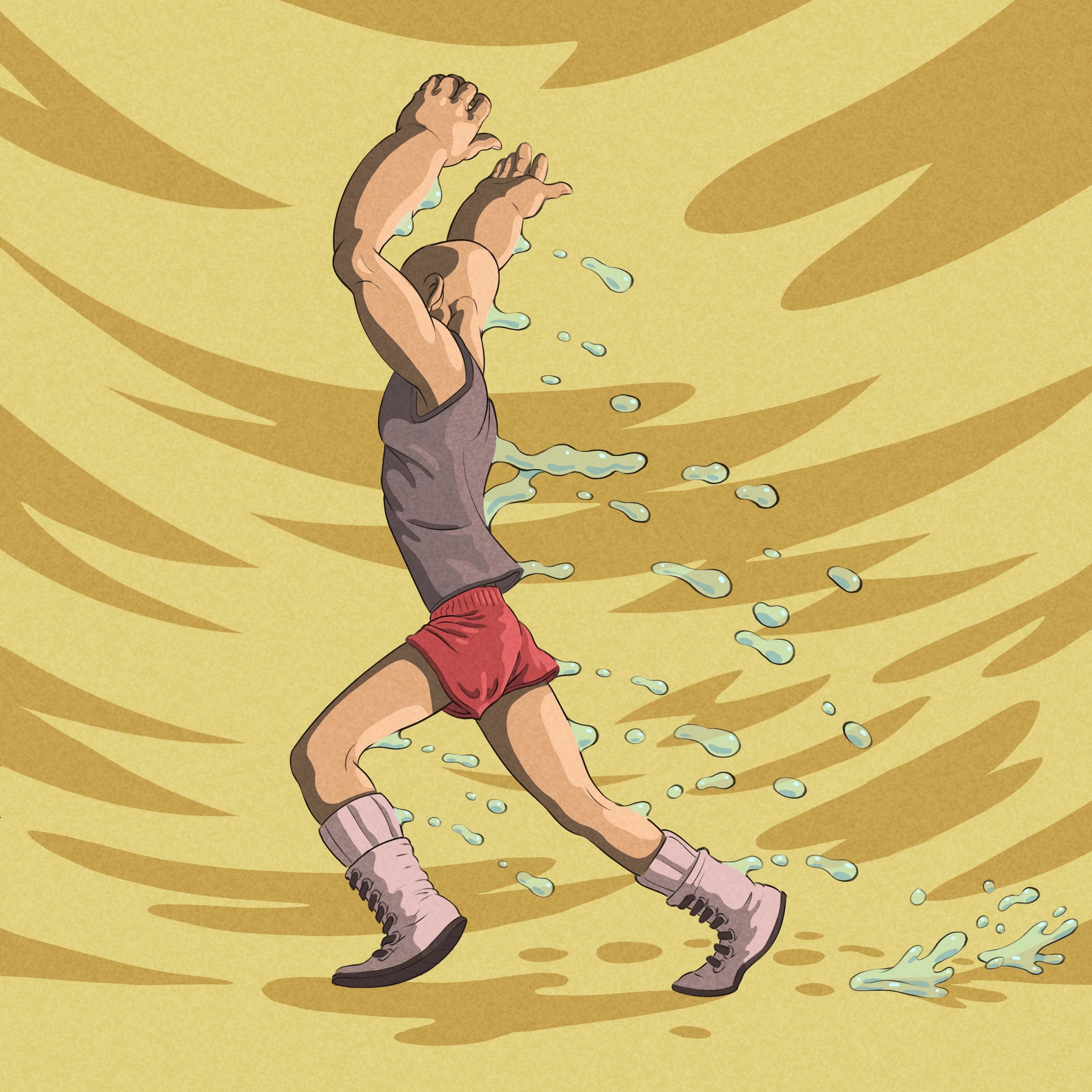 Runner — illustration of a sprinting figure trailing water splashes against an ochre backdrop