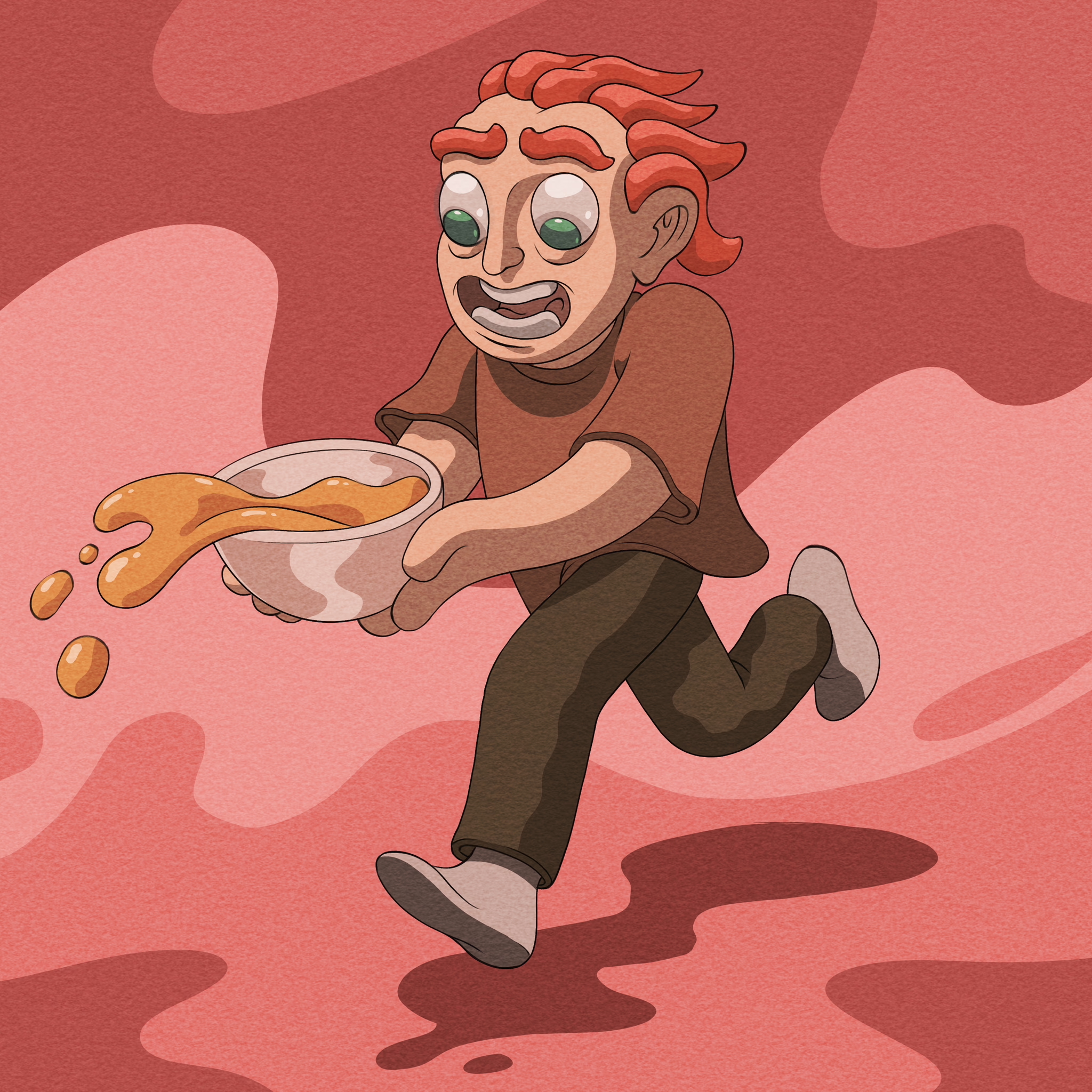 Soup Guy — illustration of a wide-eyed character spilling a bowl of soup mid-stride