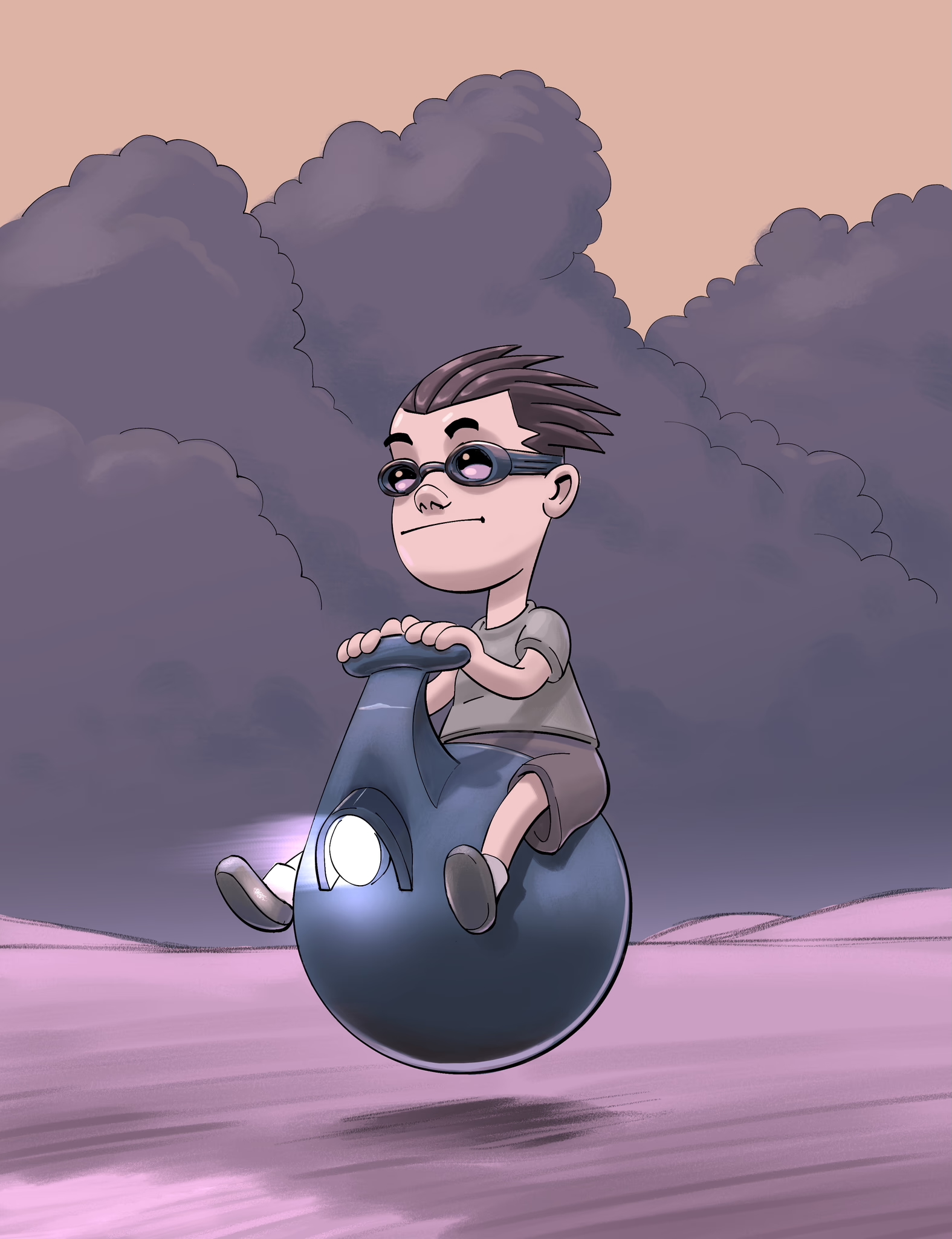 Speeder — illustration of a kid riding a hopper ball through pink dunes under stormy clouds