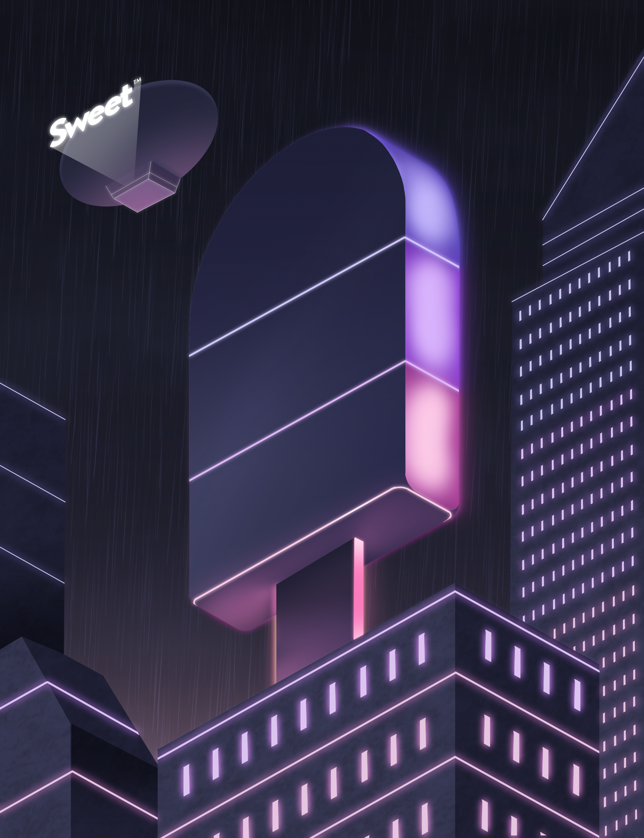 Sweet City Card — neon-lit popsicle billboard towering above a rainy cyberpunk skyline