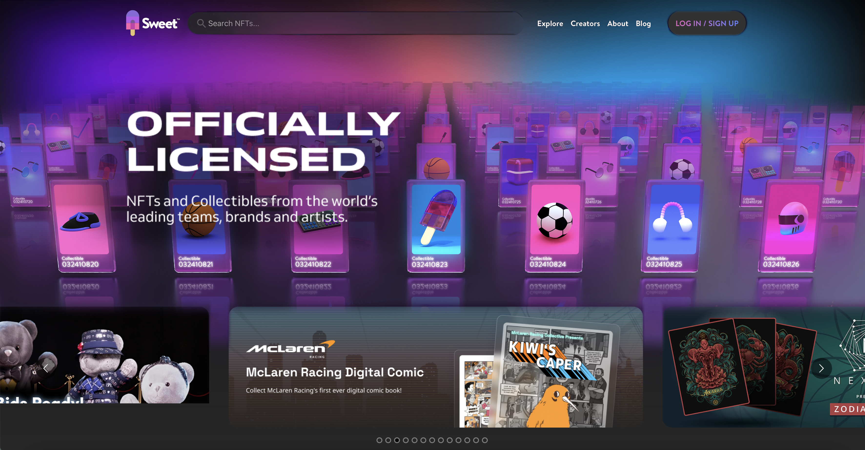 Sweet.io homepage illustration — a perspective grid of illuminated NFT collectible cards with the headline Officially Licensed