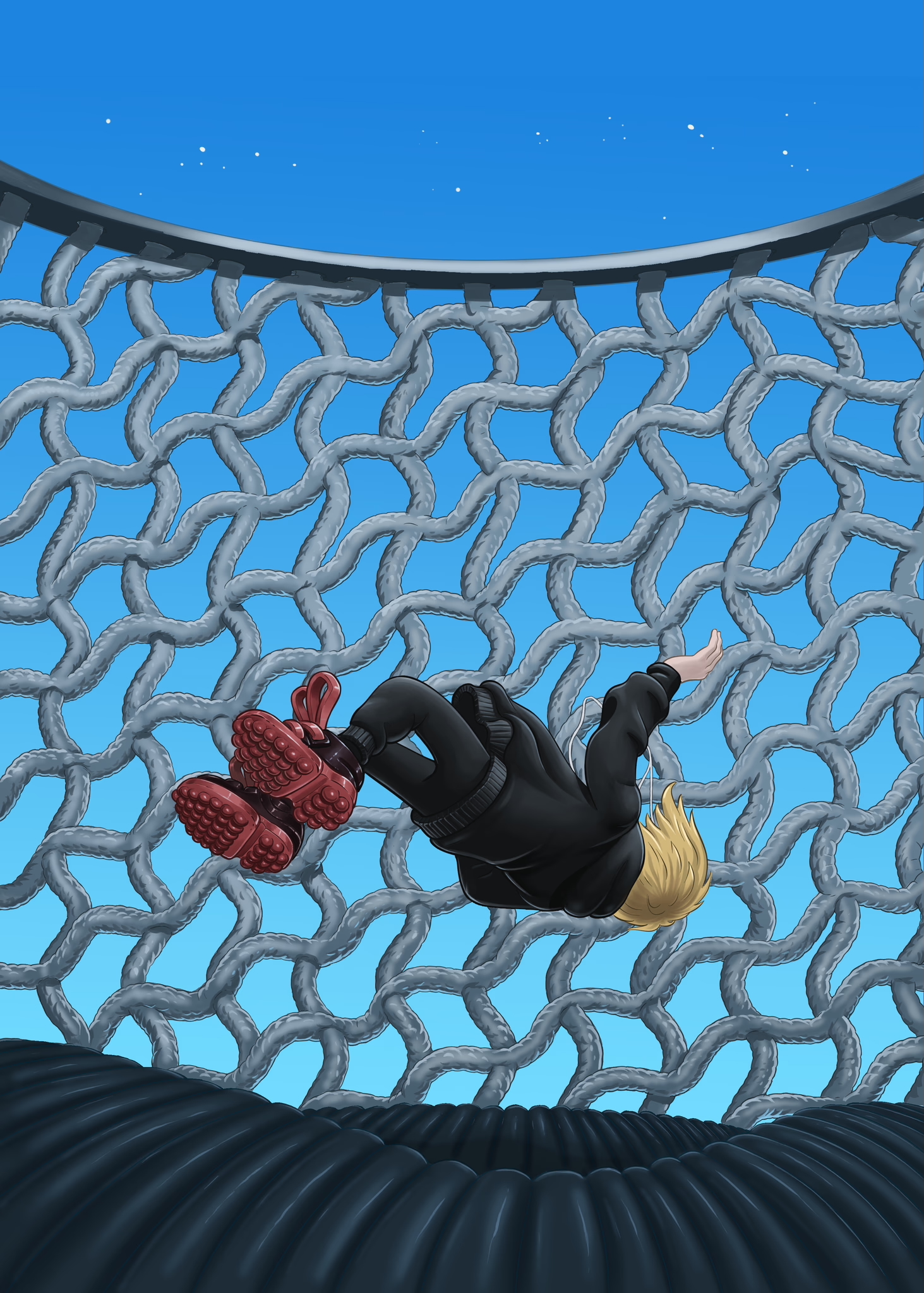 Trampoline — illustration of a figure in black falling into a rope net under a starry sky