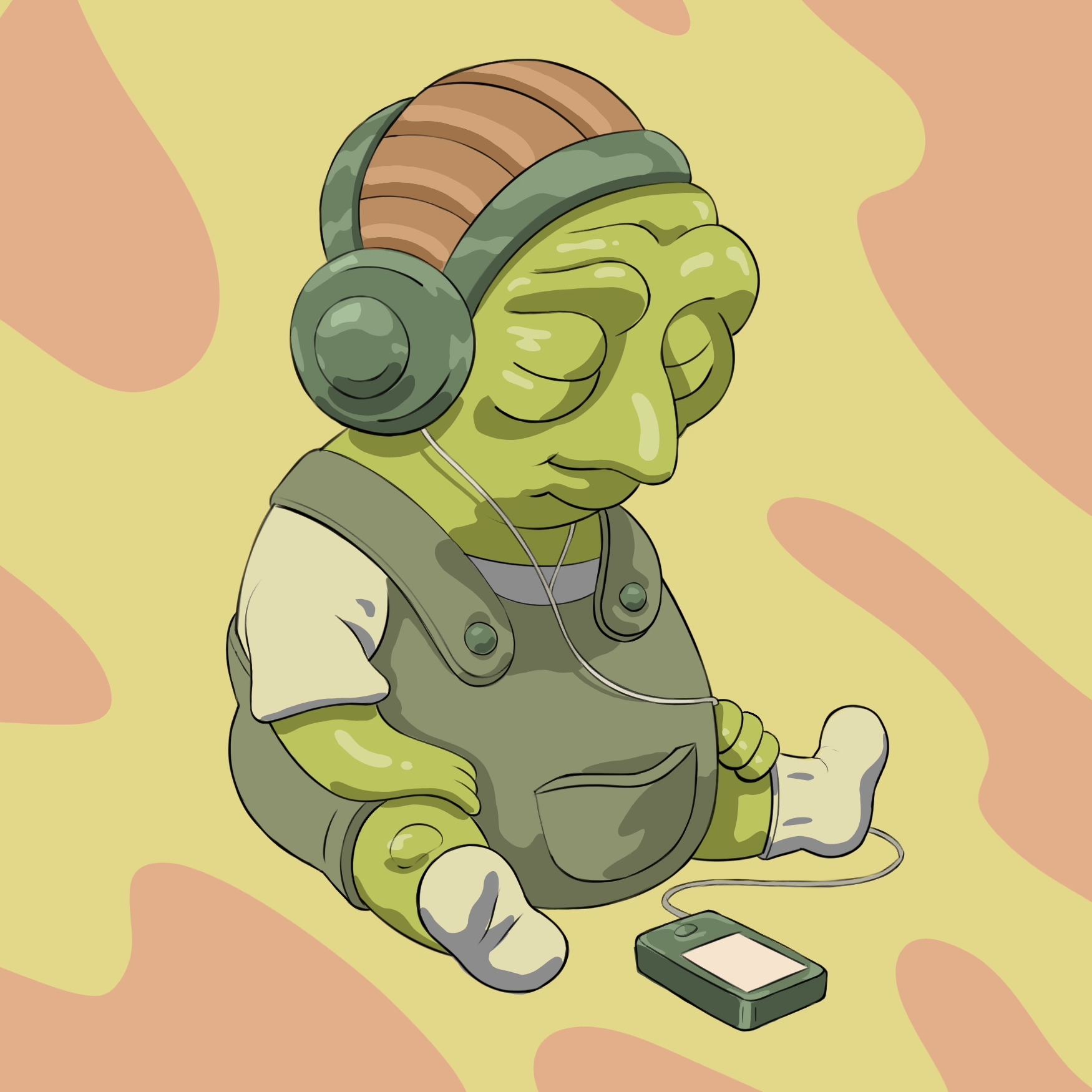 Turtle — illustration of a green creature with headphones listening to music in overalls