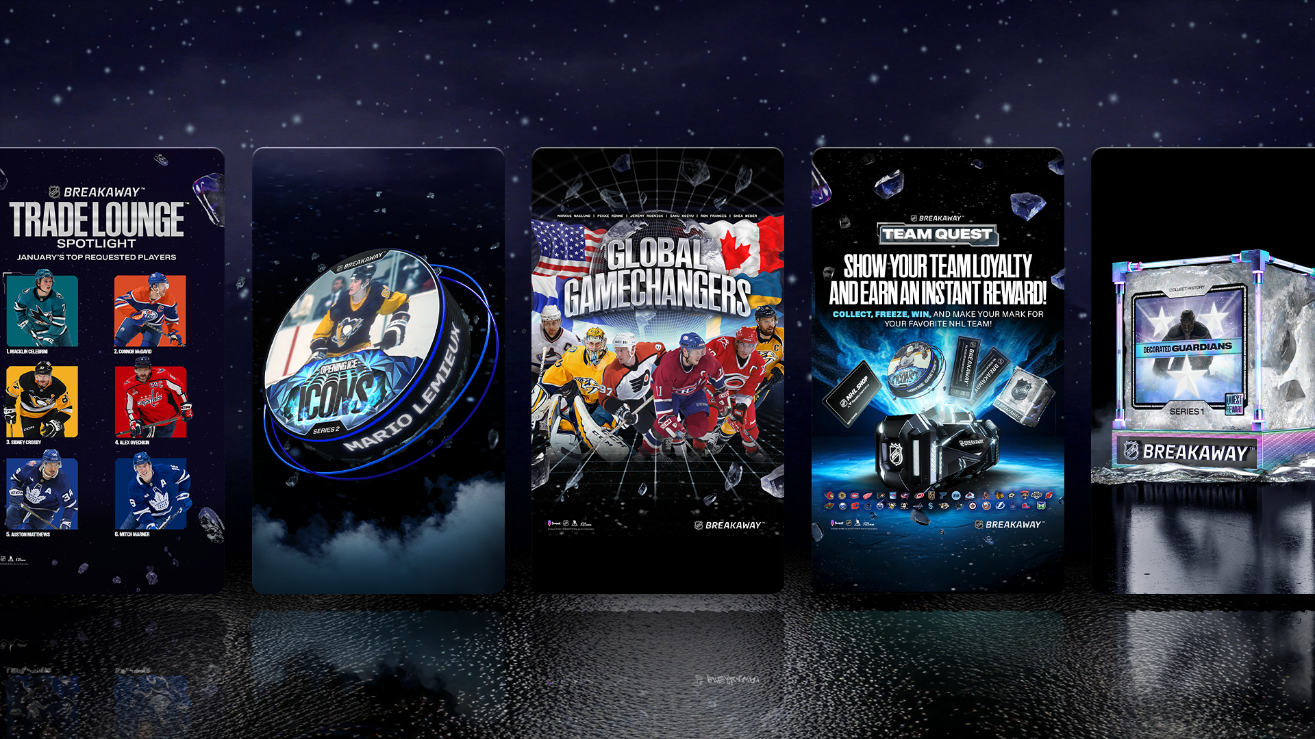 NHL Breakaway platform spread — Trade Lounge, Icons pack, Global Gamechangers, Team Quest, Guardian pack